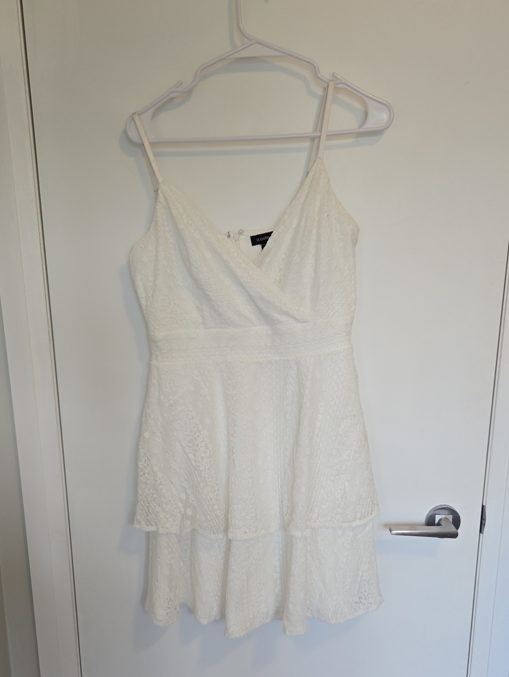 le chateau White Lace Tiered Spaghetti Strap Mini Dress
